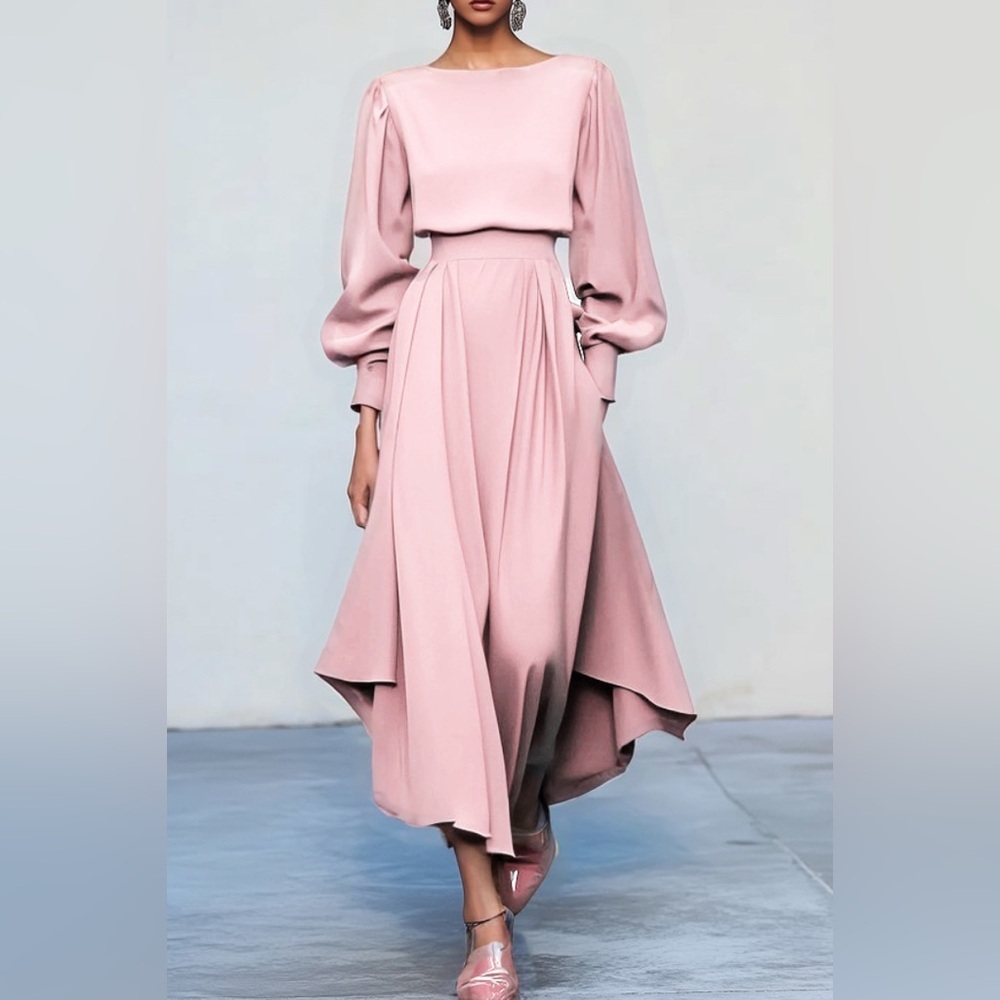 FEHAUTE Asymmetric Boat Neck Long Balloon Sleeve MIDI Dress Pink Sz 8 NWT